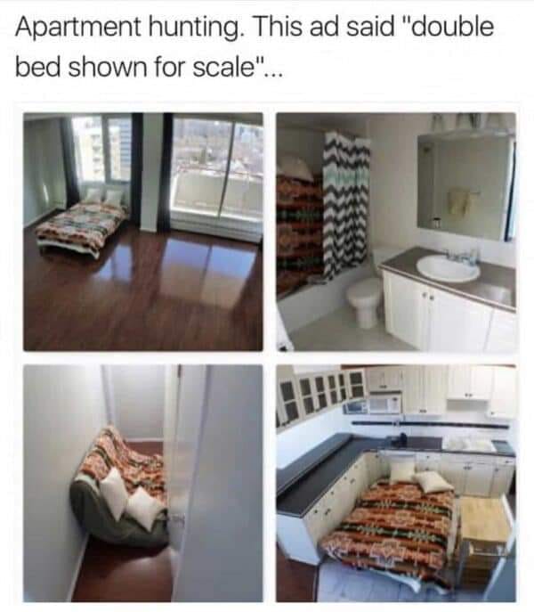 This meme is an image of a typical apartment layout, but with everything exaggerated to absurd proportions. The text at the top reads "Apartment hunting. This ad said 'double bed shown for scale'". The image shows a tiny apartment with a bed that is ridiculously oversized, taking up nearly the entire room and spilling into the kitchen and living areas.